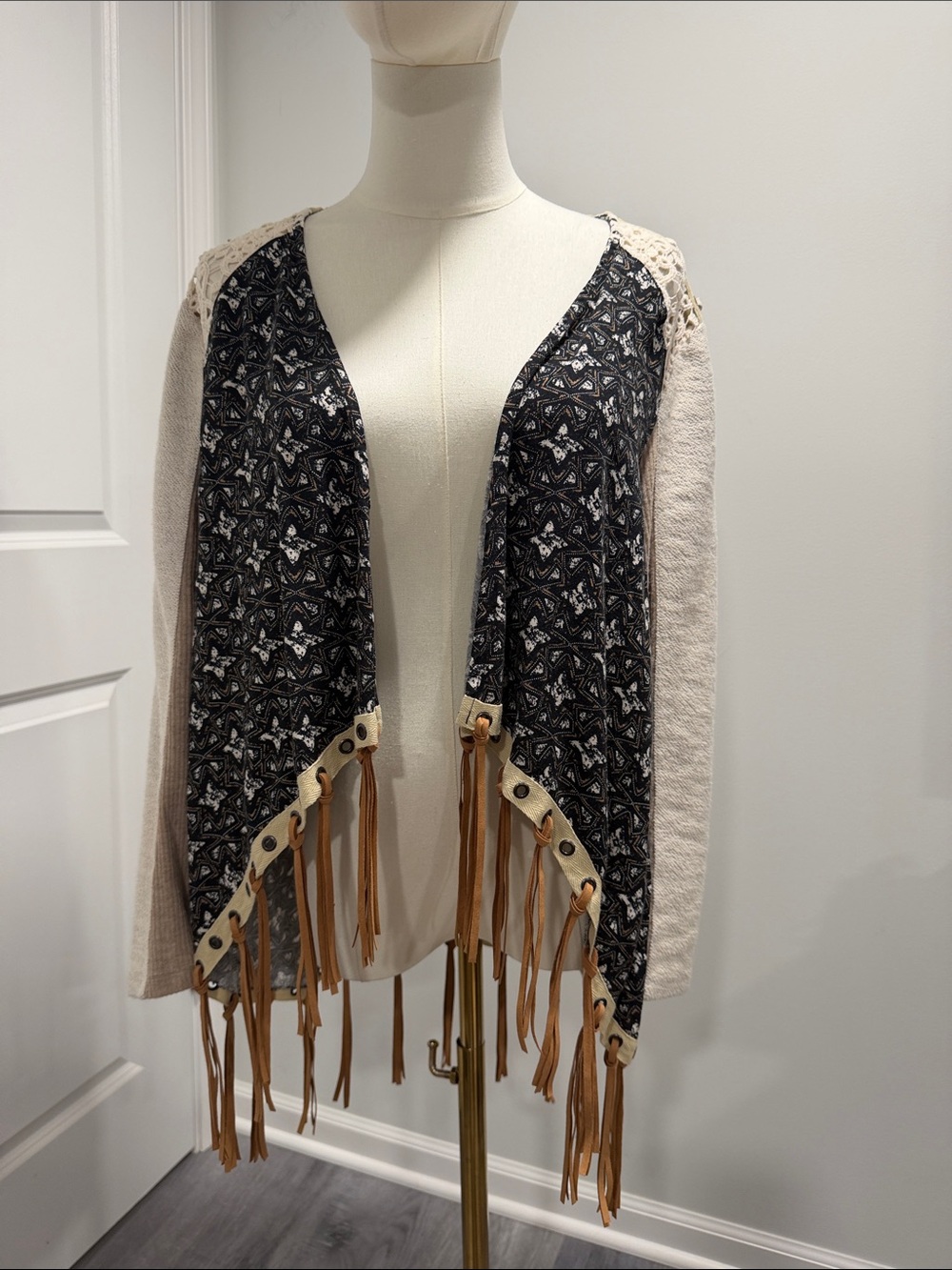 Ali Miles Cream Knit Cardigan with Black Patterned Front & Tan Fringe